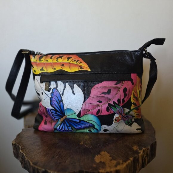Anna by Anuschka Hand Painted Leather Crossbody Bag Butterfly Dragonfly New - Picture 13 of 16